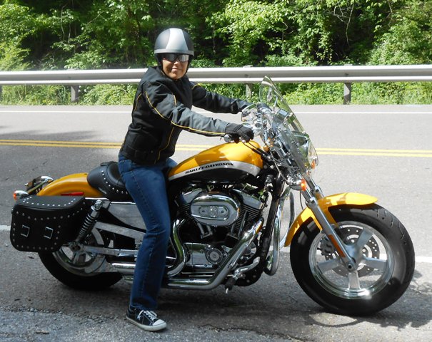 That's Pamo on her Sportster.