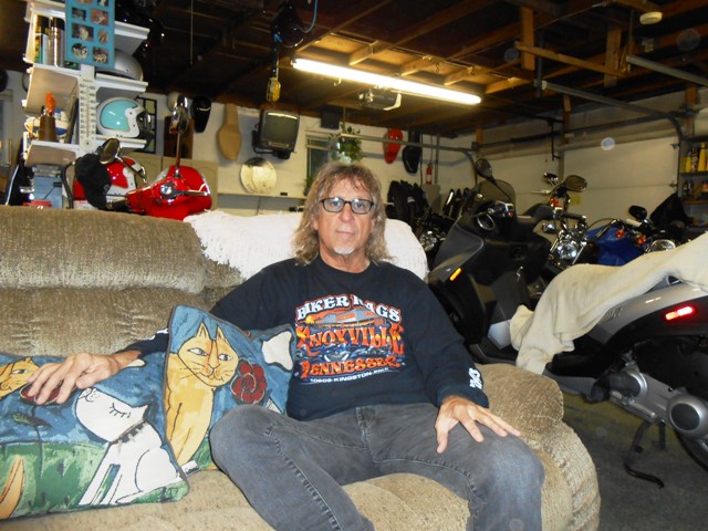Jeff relaxing in the garage after our long day on the road.