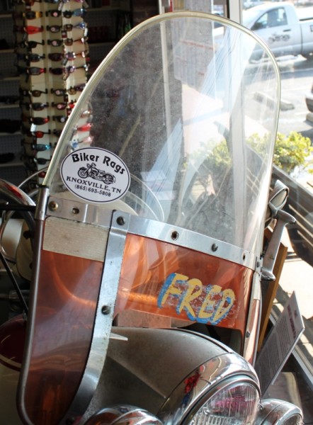 Fred on display in the front window of Biker Rags. September, 2012.