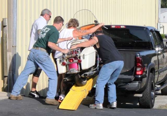 Fred being loaded up. Heading to Gas Monkey Garage in Dallas. September 2012.