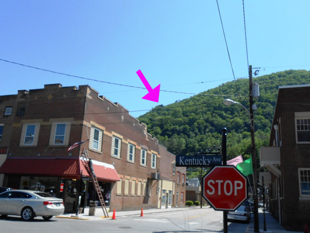 Downtown Pineville. Chained Rock is in the center of this photo. (See pink arrow.)