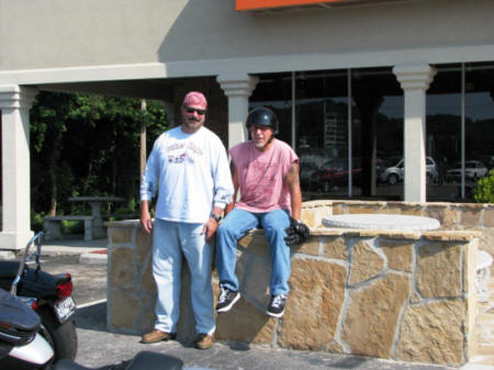 Steve and Jeff on the patio wall at Biker Rags.